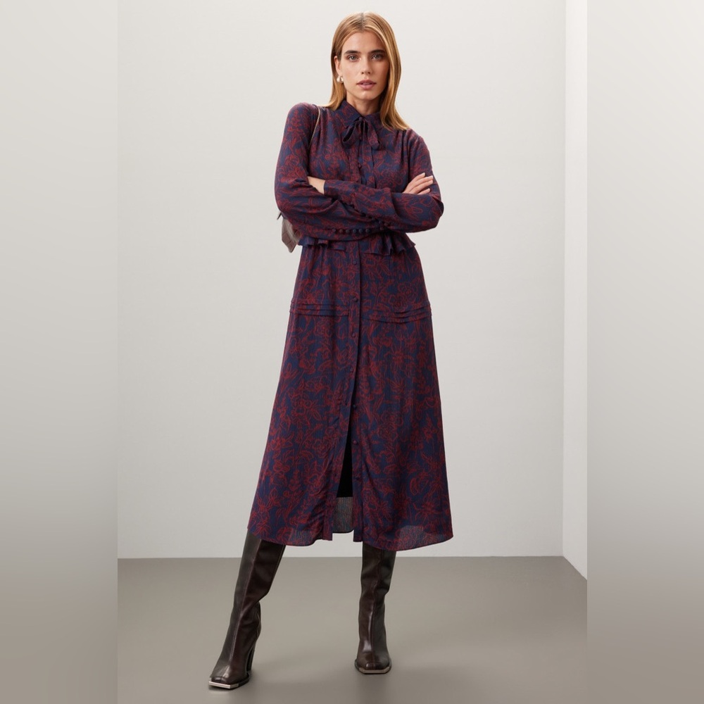 Jason Wu Navy Red Floral Printed Shirt Dress Size 6 Designer MSRP $410 Business